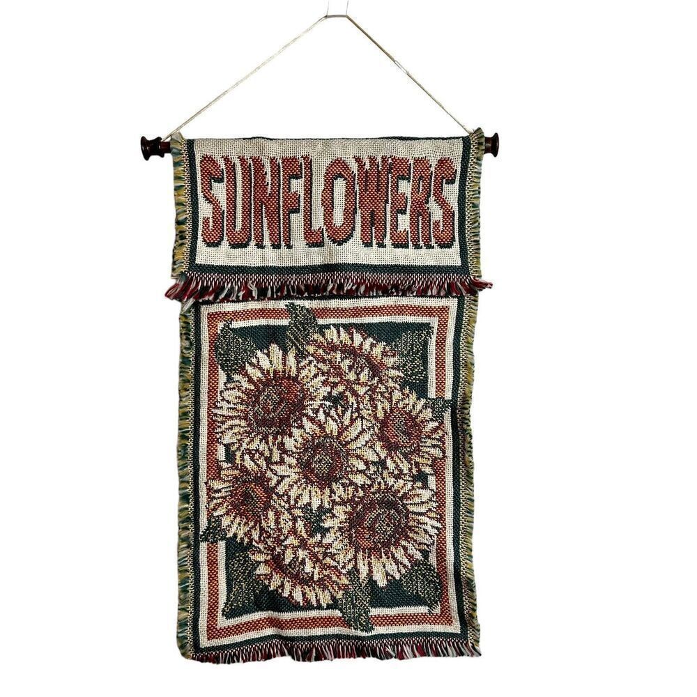 Vtg Sunflowers Bouquet Wall Hanging Retro Fringe Detail Tapestry 21x12”